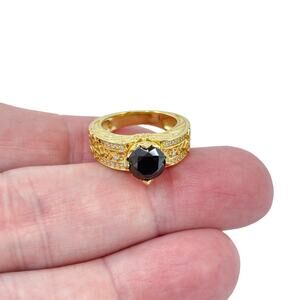 Vintage Gold-Tone Sterling Silver 925 Black Diamond Cubic Zirconia Ring | Size 5